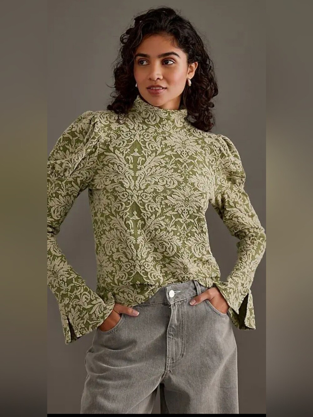 Anthropologie Puff Long Sleeve‎ Turtleneck Jacquard Top